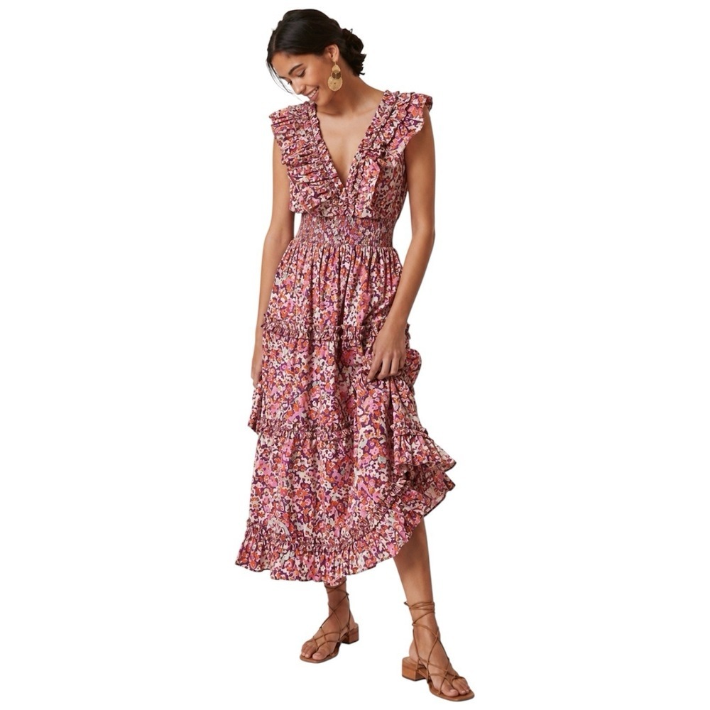 Love The Label Floral Ruffle V-Neck Tiered Midi Dress Boho Cottagecore Sz S